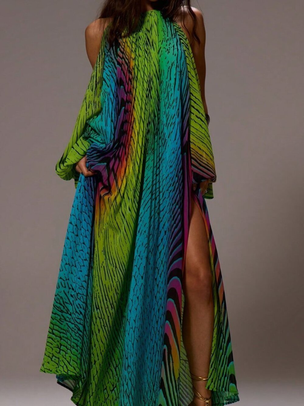 Yellow Boho Women's Chiffon Maxi Dress with Open Back Split Sleeves Halter Neck